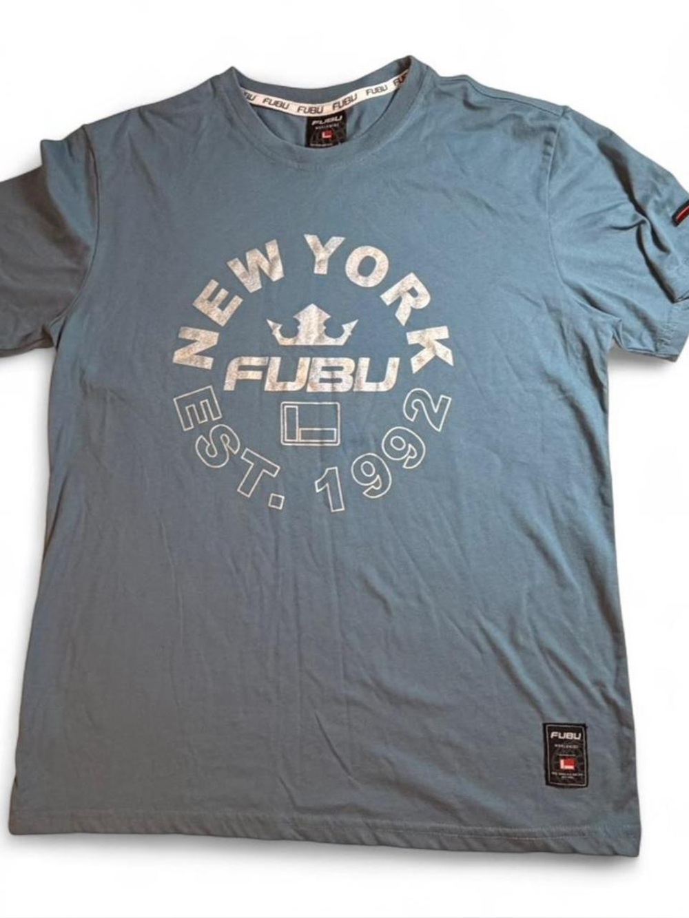 FUBU Men's Slate Blue New York Graphic Short Sleeve Tee